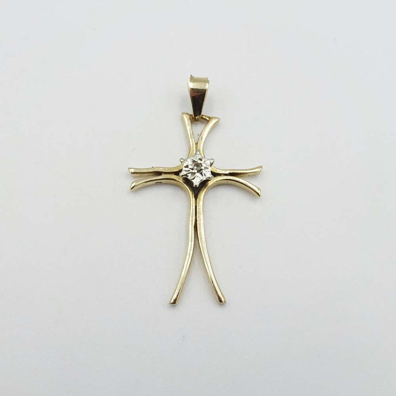 9ct Yellow Gold Fluted Cross Pendant with Small Diamond