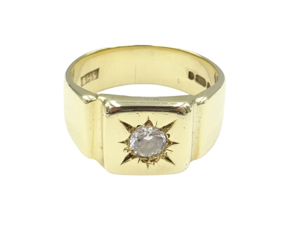 9ct gold solitaire CZ signet ring. 9.13gr
