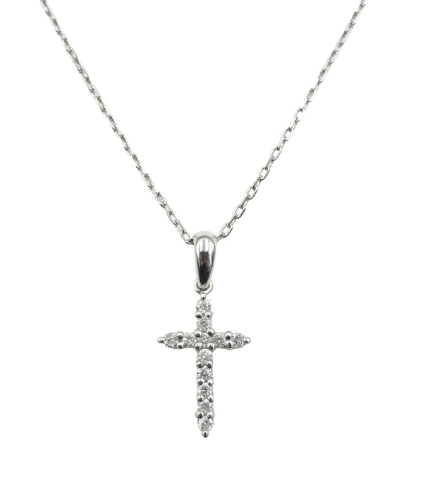 18ct white gold diamond set cross on chain. 0.20ct total. 2.75gr