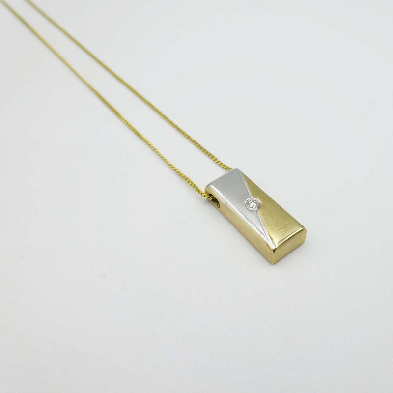 9ct Yellow Gold 2 Colour Rectangle Diamond Set Pendant & Fine Chain 18"